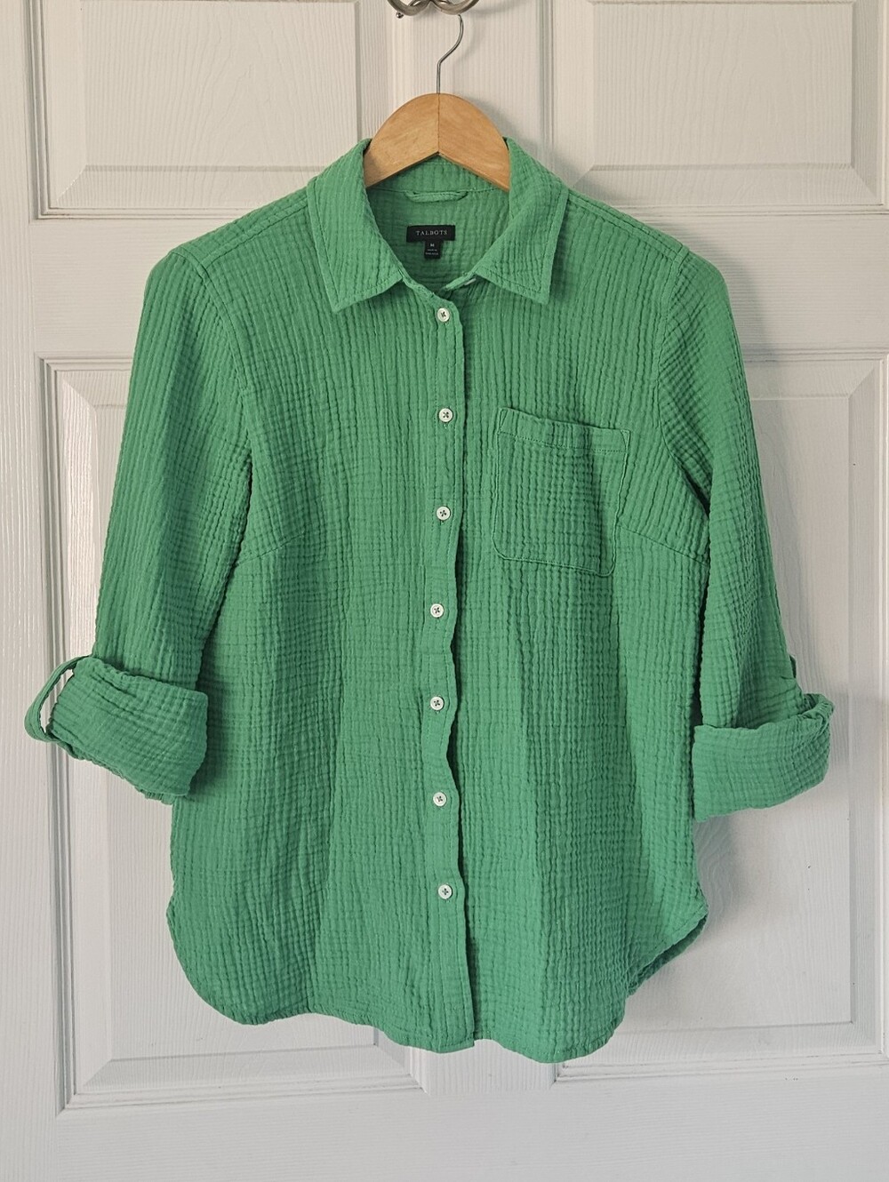 Talbots Kelly Green 100% Cotton Gauze Button Up Roll Tab Sleeves Coastal Chic M